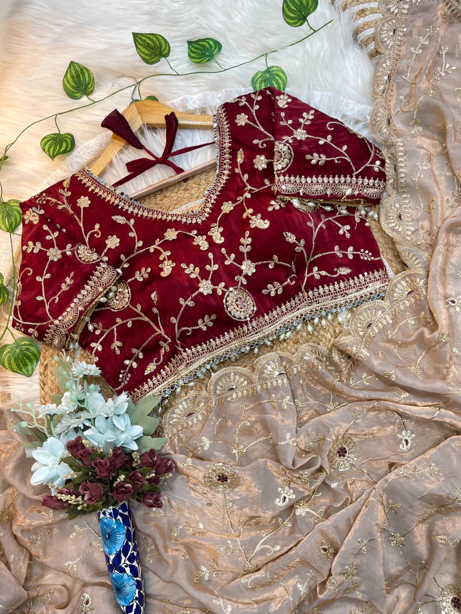 Beige Elegant Fendy Satin Silk Saree with Maroon Heavy Embroidered Border & Cutwork Blouse